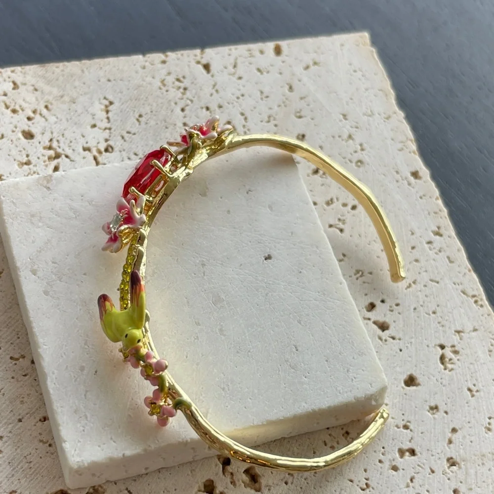 Les Nereides Gold Pink Bird Bracelet Floral Statement Jewelry